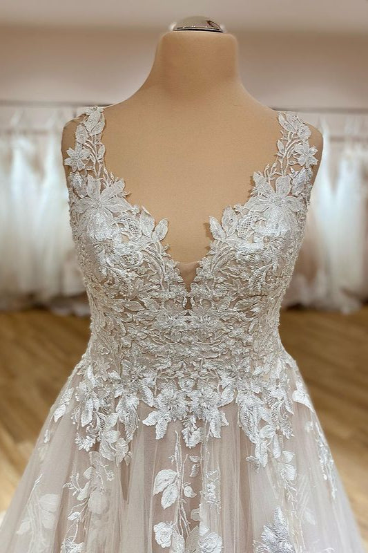 Elegant Long A-Line Sweetheart Appliques Lace Tulle Wedding Dress-BIZTUNNEL