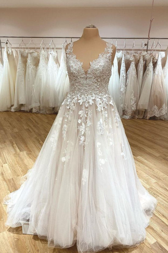 Elegant Long A-Line Sweetheart Appliques Lace Tulle Wedding Dress-BIZTUNNEL