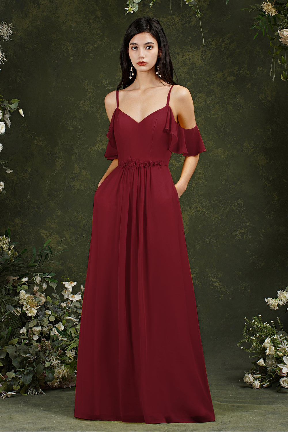 Elegant Long A-line Sweetheart Backless Chiffon Bridesmaid Dress With Pockets-BIZTUNNEL