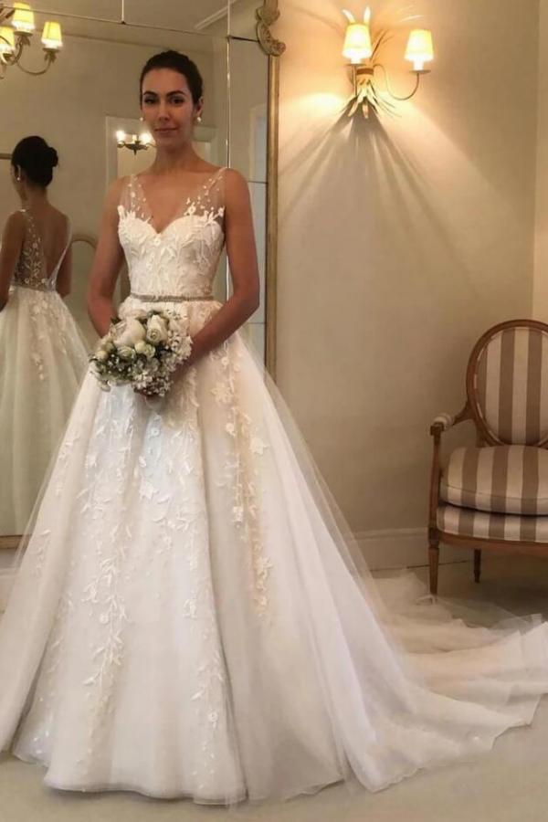 Elegant Long A-line Sweetheart Tulle Open Back Wedding Dress-BIZTUNNEL