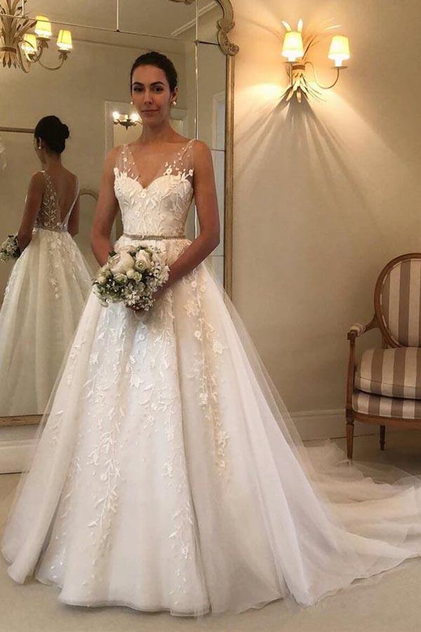 Elegant Long A-line Sweetheart Tulle Open Back Wedding Dress-BIZTUNNEL