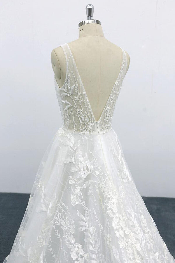 Elegant Long A-line V-neck Appliques Lace Tulle Backless Wedding Dress-BIZTUNNEL