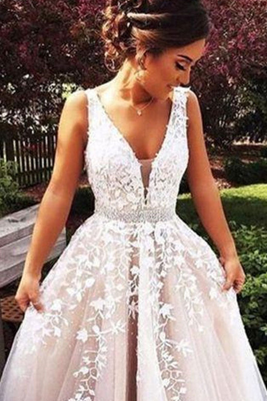 Elegant Long A line V neck Appliques Lace Tulle Wedding Dress-BIZTUNNEL