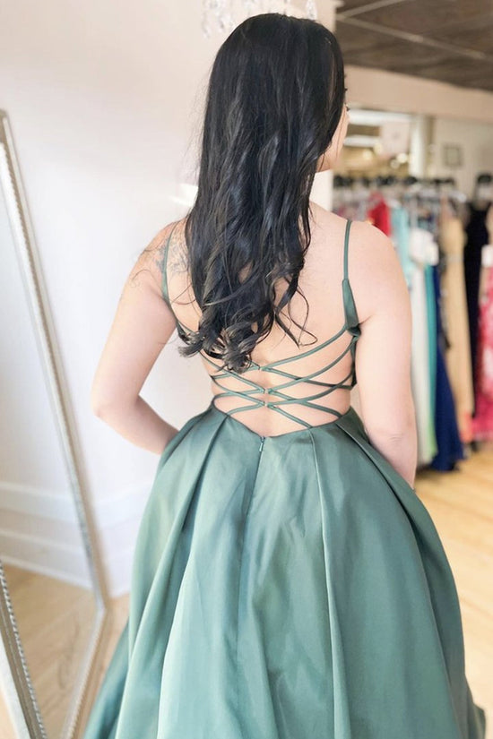 Elegant Long A Line V Neck Backless Satin Formal Prom Dresses-BIZTUNNEL