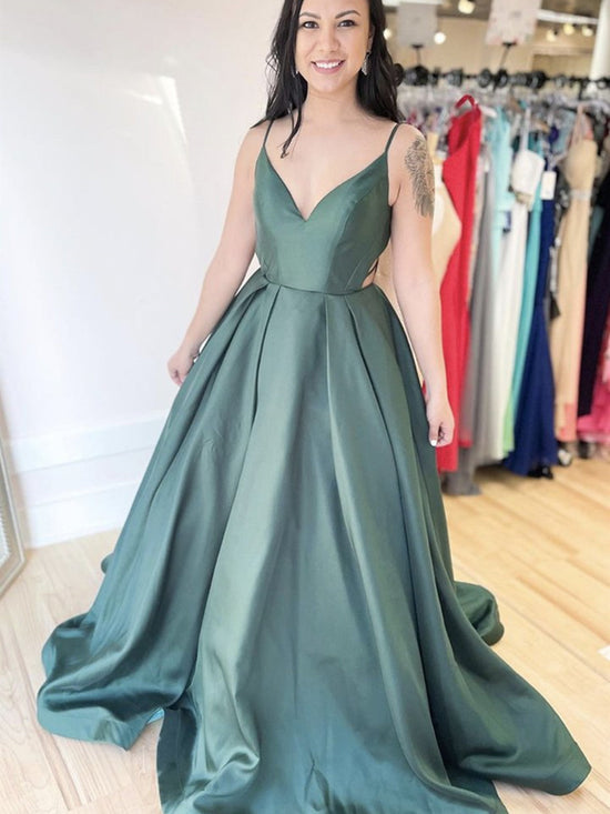 Elegant Long A Line V Neck Backless Satin Formal Prom Dresses-BIZTUNNEL