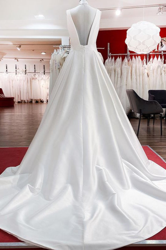 Elegant Long A-line V Neck Satin Ruffles Open Back Wedding Dresses-BIZTUNNEL