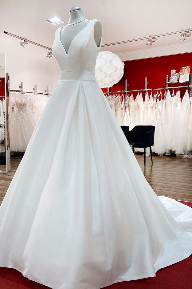 Elegant Long A-line V Neck Satin Ruffles Open Back Wedding Dresses-BIZTUNNEL