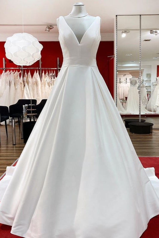 Elegant Long A-line V Neck Satin Ruffles Open Back Wedding Dresses-BIZTUNNEL