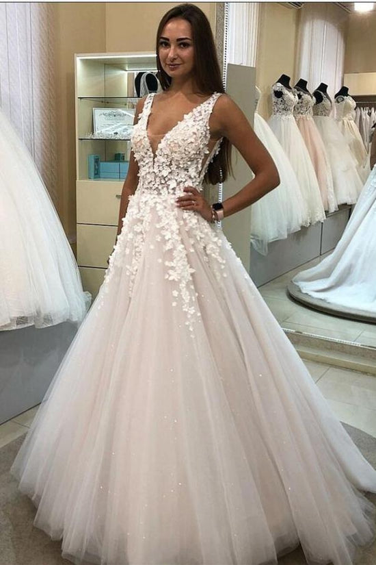 Elegant Long A-line V-neck Tulle 3D Floral Wedding Dress-BIZTUNNEL