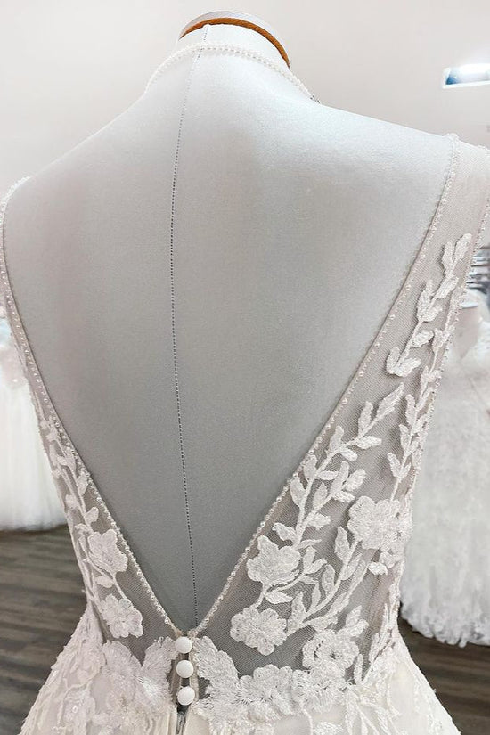 Elegant Long A-line V Neck Tulle Lace Open Back Wedding Dress – BIZTUNNEL