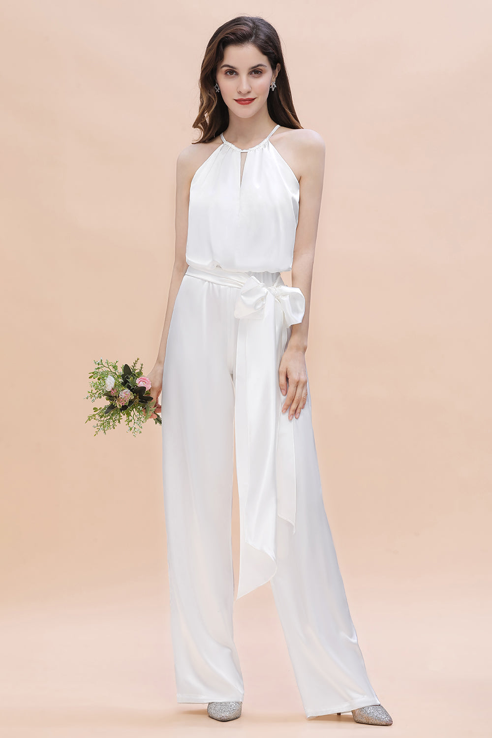 Elegant Long Halter White Bridesmaid Dress Jumpsuit With Bowknot-BIZTUNNEL