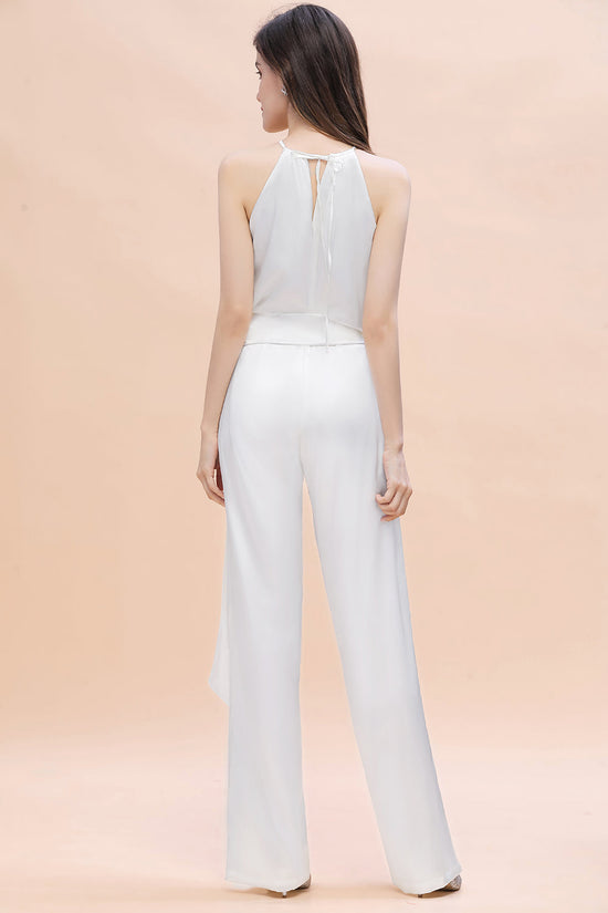 Elegant Long Halter White Bridesmaid Dress Jumpsuit With Bowknot-BIZTUNNEL