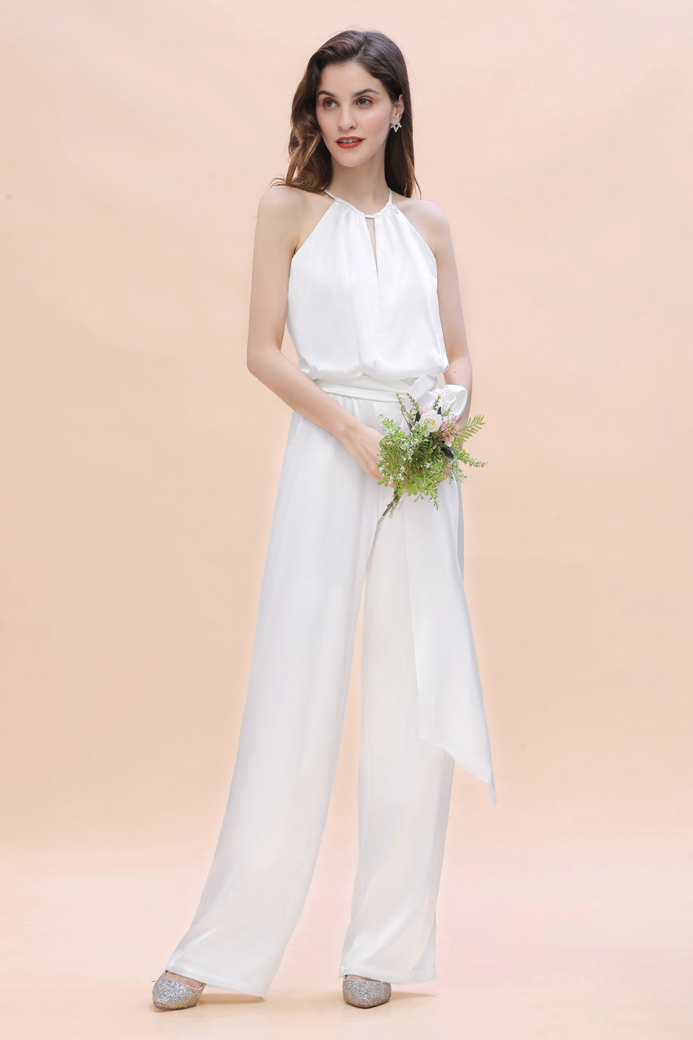 Elegant Long Halter White Bridesmaid Dress Jumpsuit With Bowknot-BIZTUNNEL