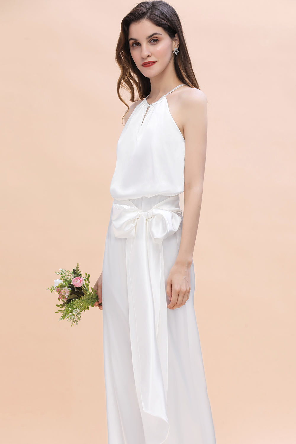 Elegant Long Halter White Bridesmaid Dress Jumpsuit With Bowknot-BIZTUNNEL