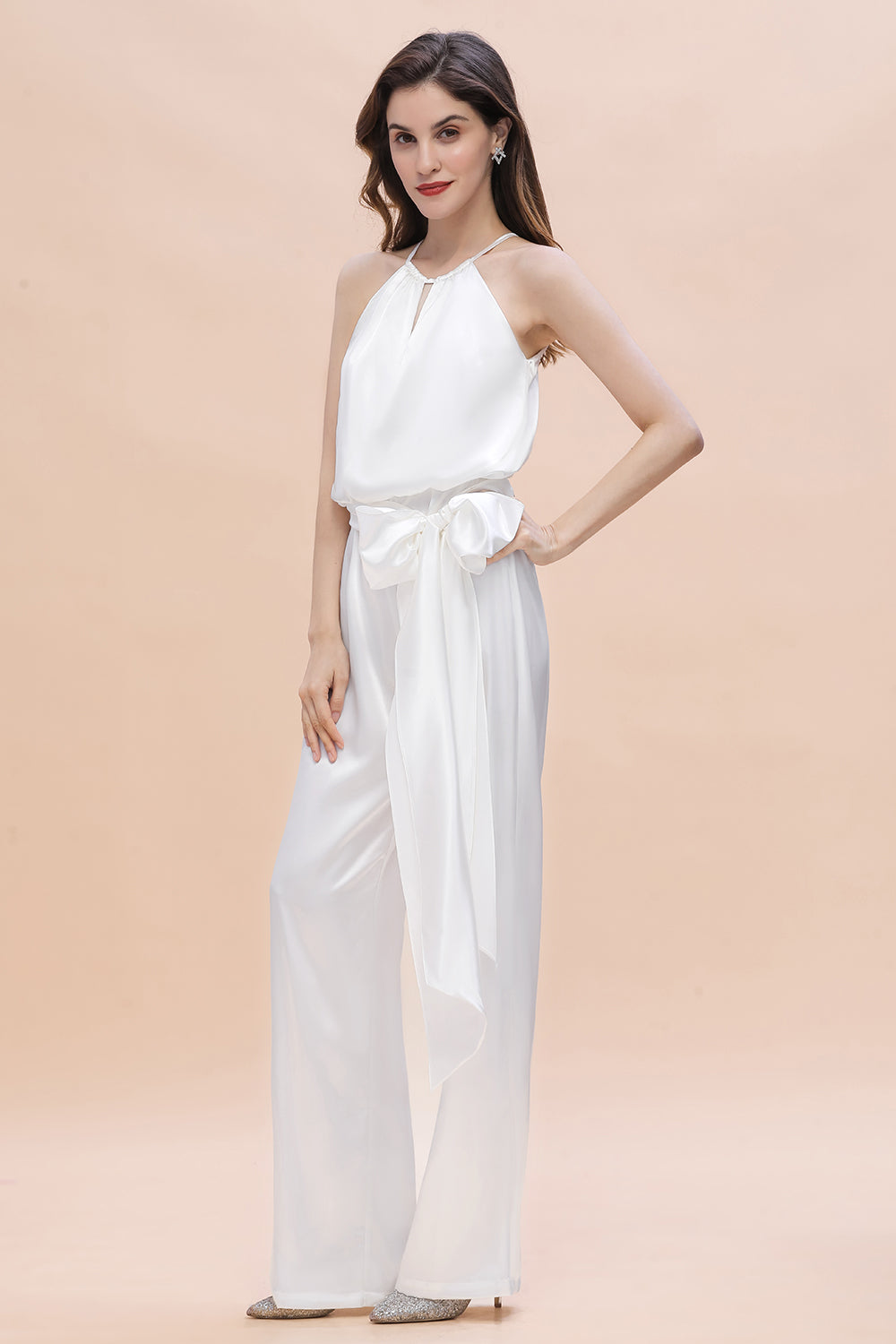 Elegant Long Halter White Bridesmaid Dress Jumpsuit With Bowknot-BIZTUNNEL