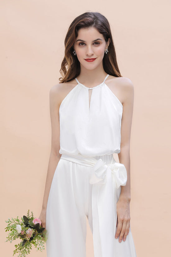 Elegant Long Halter White Bridesmaid Dress Jumpsuit With Bowknot-BIZTUNNEL