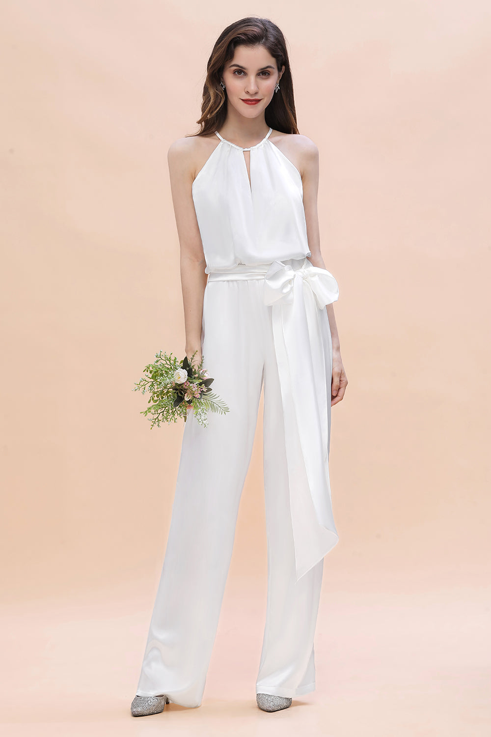 Elegant Long Halter White Bridesmaid Dress Jumpsuit With Bowknot-BIZTUNNEL