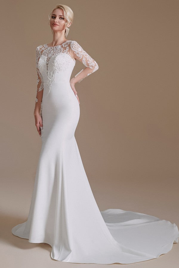 Elegant Long Mermaid Jewel Satin Lace Wedding Dress with Sleeves ...