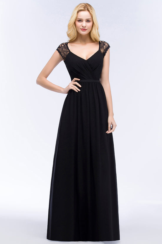 Elegant Long Mermaid Lace V-Neck Chiffon Bridesmaid Dresses with Sash-BIZTUNNEL