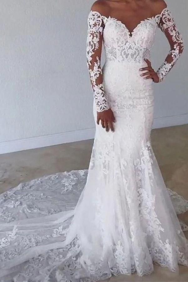 Elegant Long Mermaid Sweetheart Lace Wedding Dress with Sleeves-BIZTUNNEL