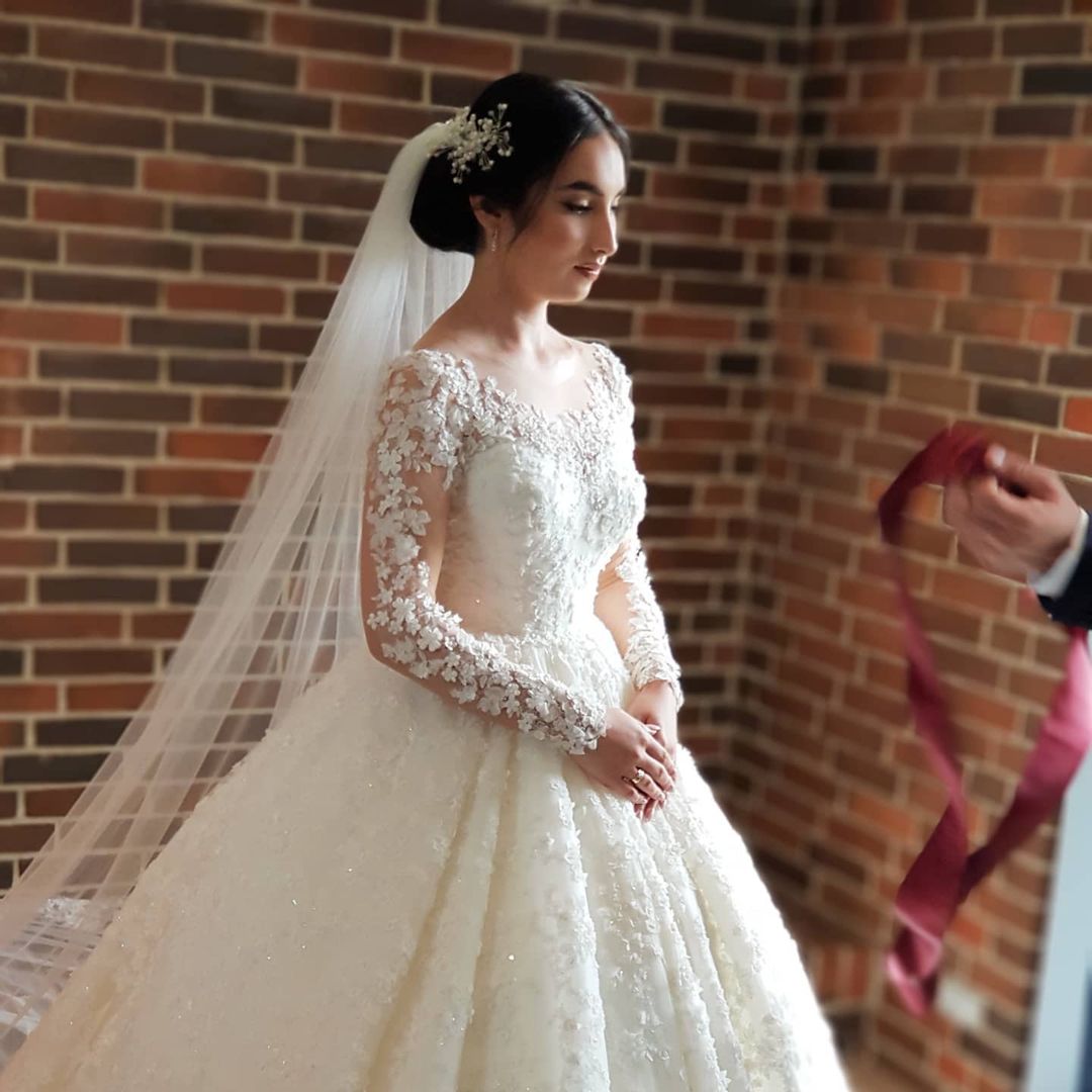 Elegant Long Princess Tulle Lace Wedding Dresses with Sleeves-BIZTUNNEL