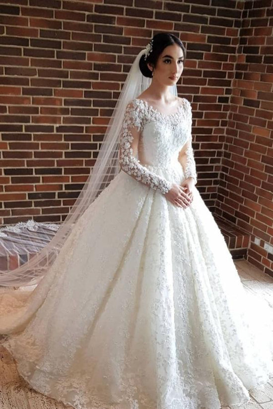 Elegant Long Princess Tulle Lace Wedding Dresses with Sleeves-BIZTUNNEL