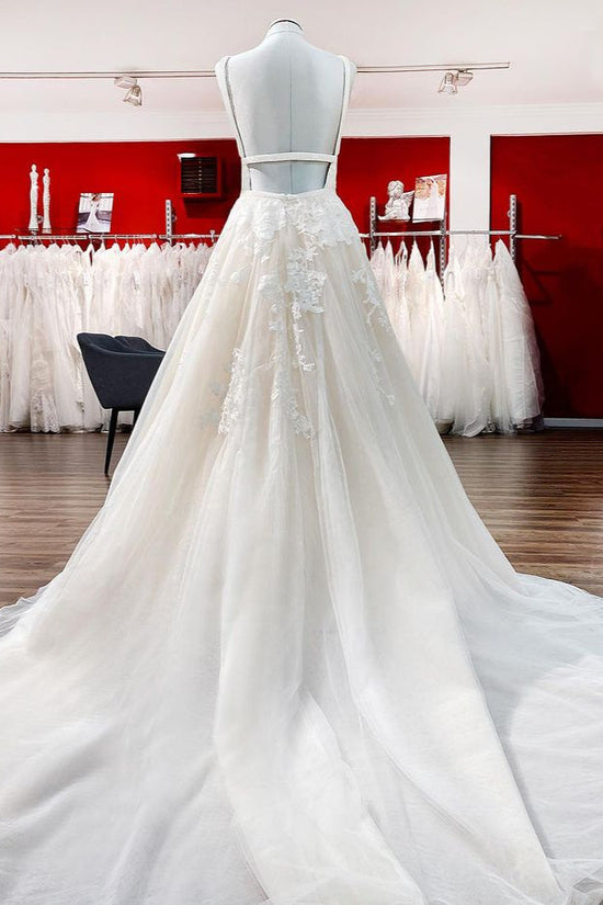 Elegant Long Princess V-neck Tulle Backless Wedding Dress with Lace-BIZTUNNEL