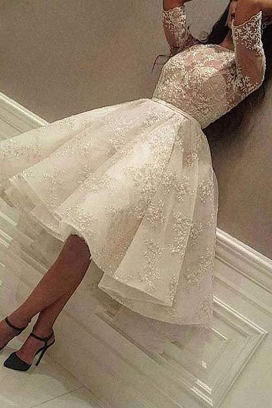 Elegant Short A-line Jewel Tulle Lace Wedding Dress with Sleeves-BIZTUNNEL