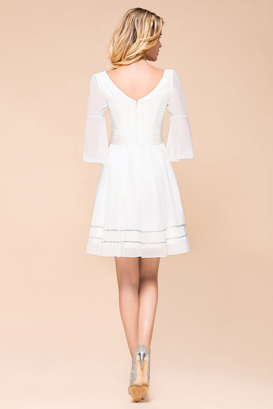 Elegant White Short Deep V-neck A-line Chiffon Bridesmaid Dress with Sleeves-BIZTUNNEL