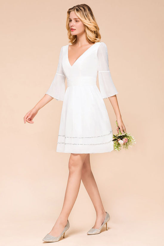 Elegant White Short Deep V-neck A-line Chiffon Bridesmaid Dress with Sleeves-BIZTUNNEL