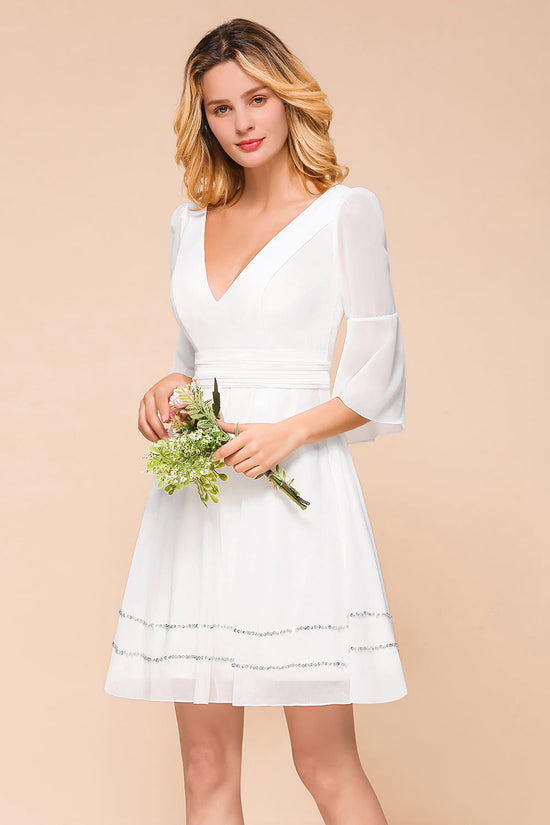 Elegant White Short Deep V-neck A-line Chiffon Bridesmaid Dress with Sleeves-BIZTUNNEL