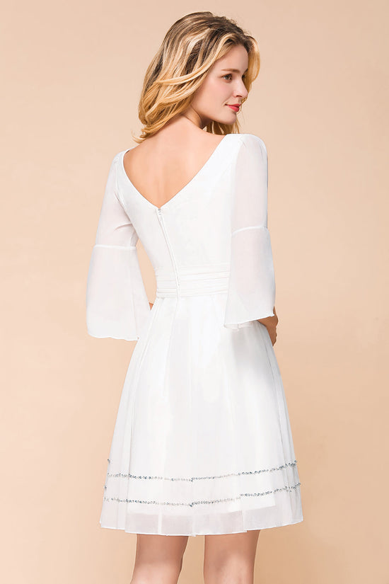 Elegant White Short Deep V-neck A-line Chiffon Bridesmaid Dress with Sleeves-BIZTUNNEL