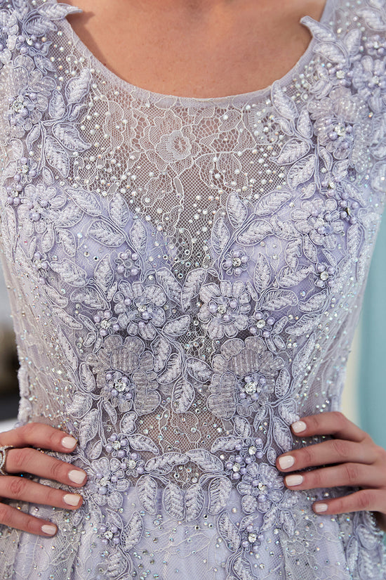 Excellent Long A-line Jewel Tulle Lace Evening Dress-BIZTUNNEL