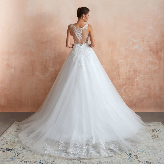 Exquisite Long A-line Appliques Lace Tulle Wedding Dress-BIZTUNNEL