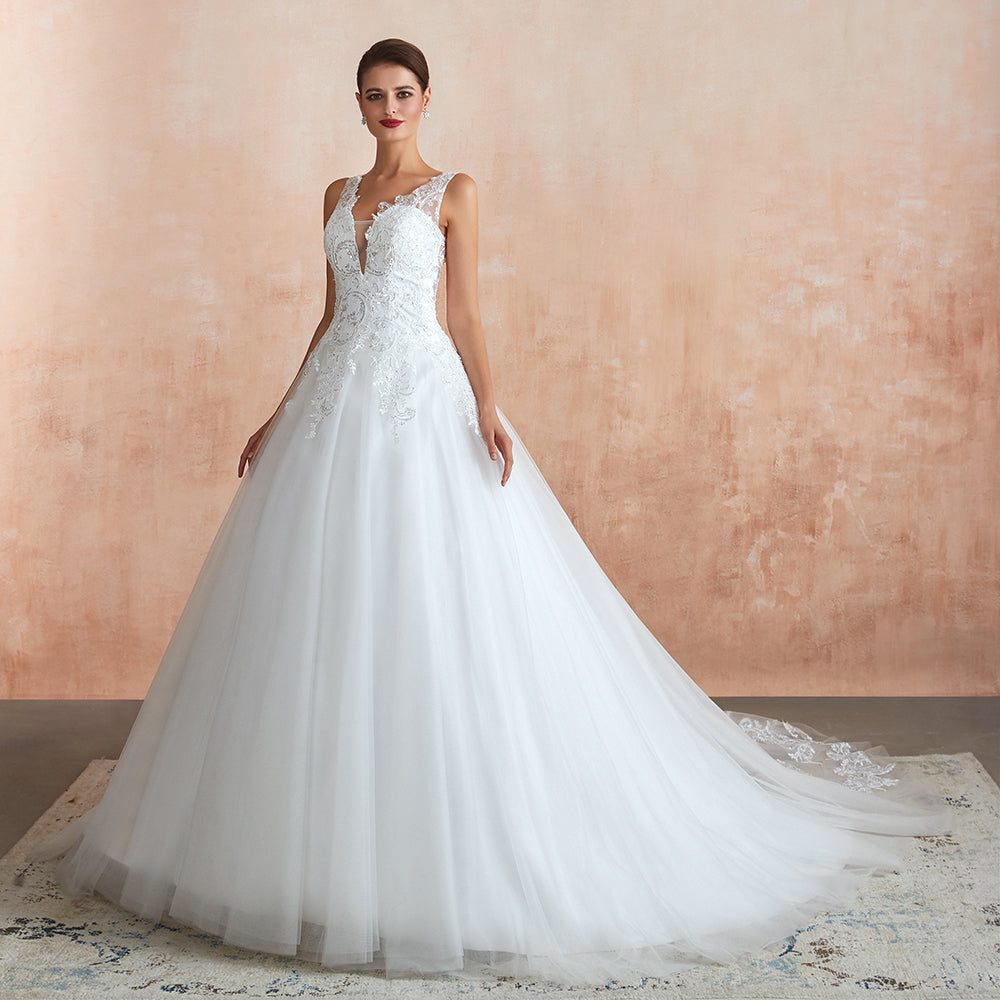 Exquisite Long A-line Appliques Lace Tulle Wedding Dress-BIZTUNNEL