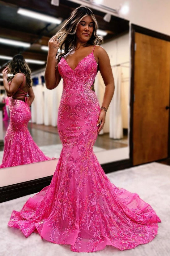 Sleeveless Pink Sequins Mermaid Prom Dress with Backless Spaghetti Straps