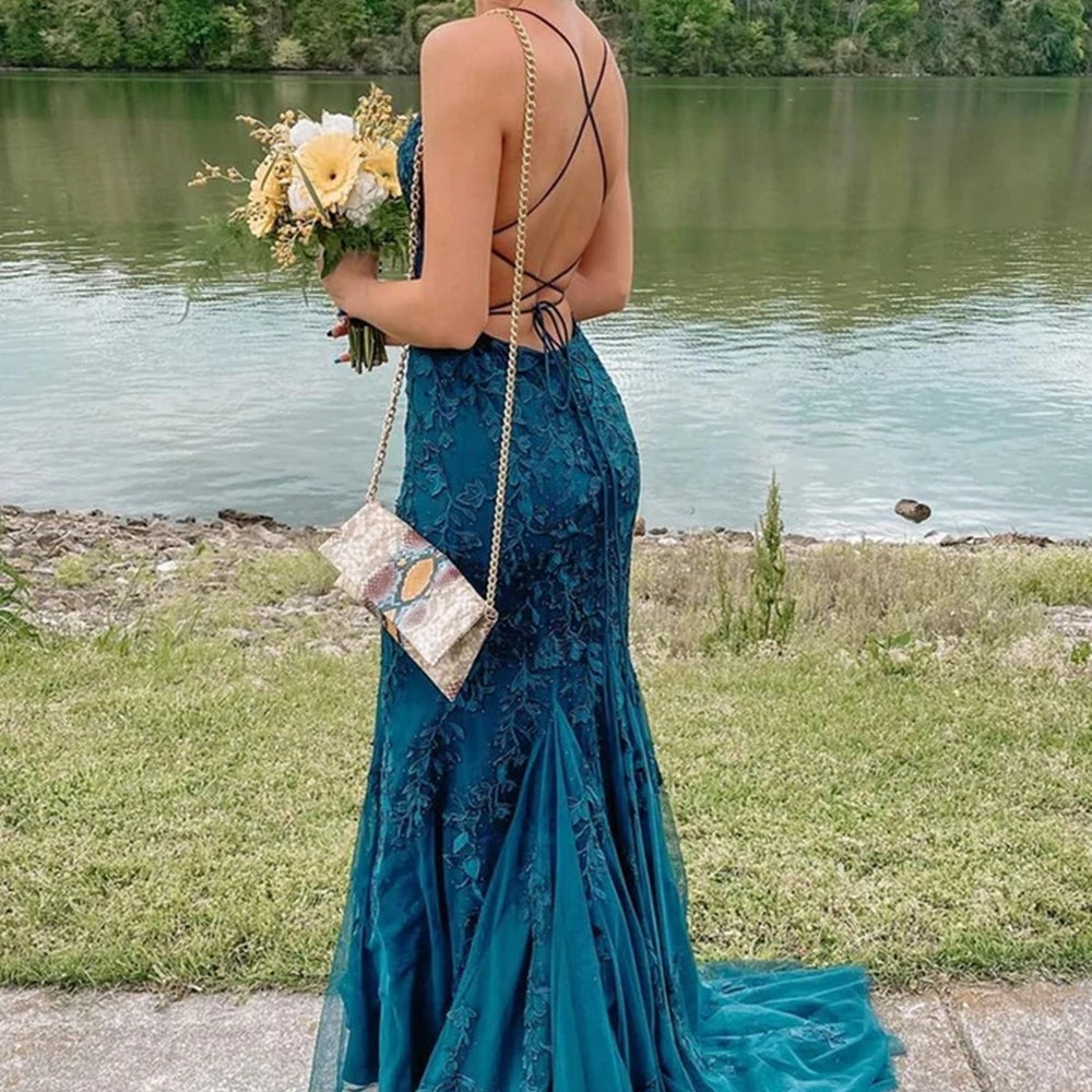 
                  
                    Fashion Long Mermaid Lace Backless Prom Dress Modest Formal Evening Dresses-BIZTUNNEL
                  
                