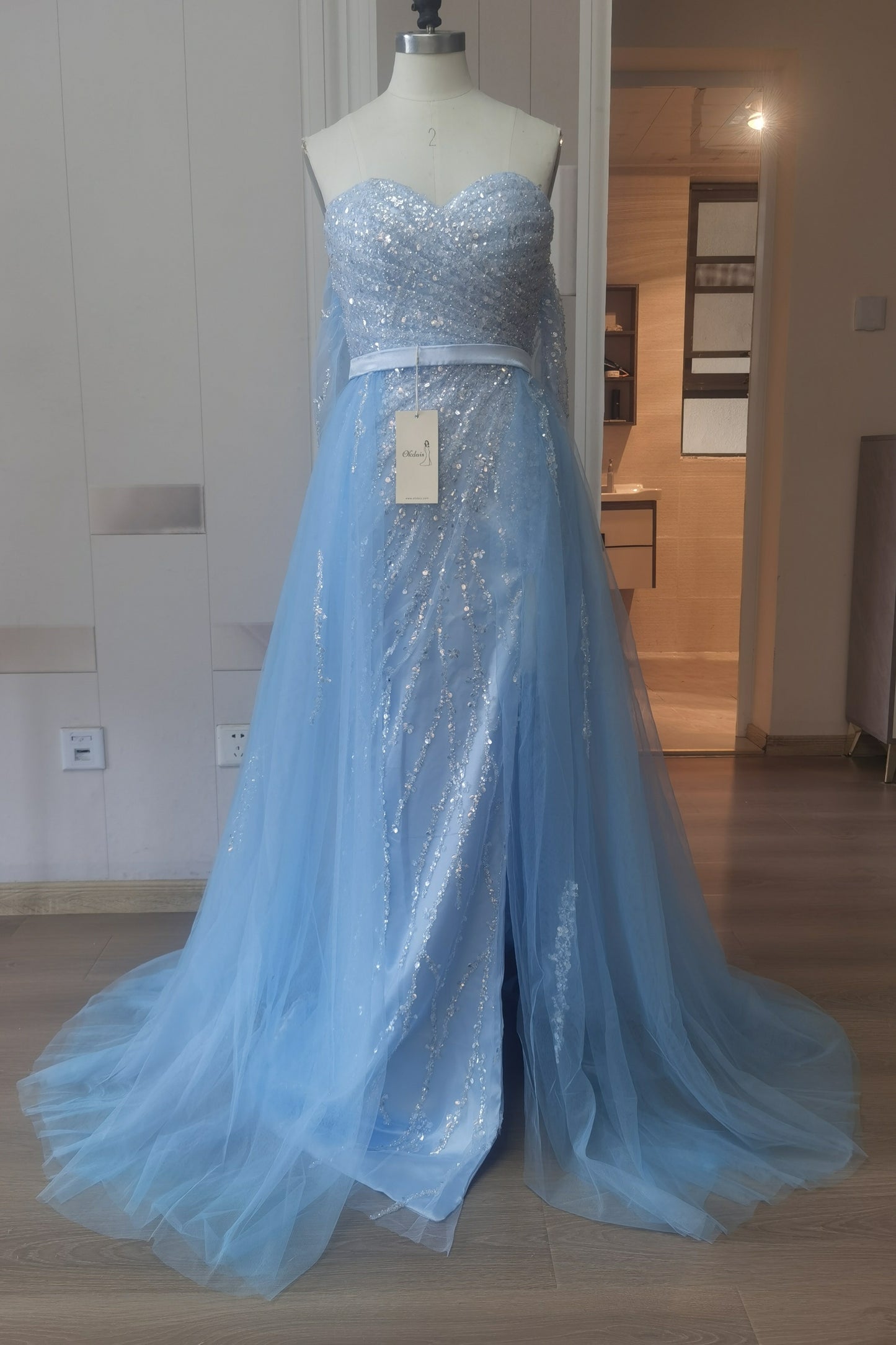 Sky Blue Off-the-Shoulder Prom Dress with Sequin Embellishments