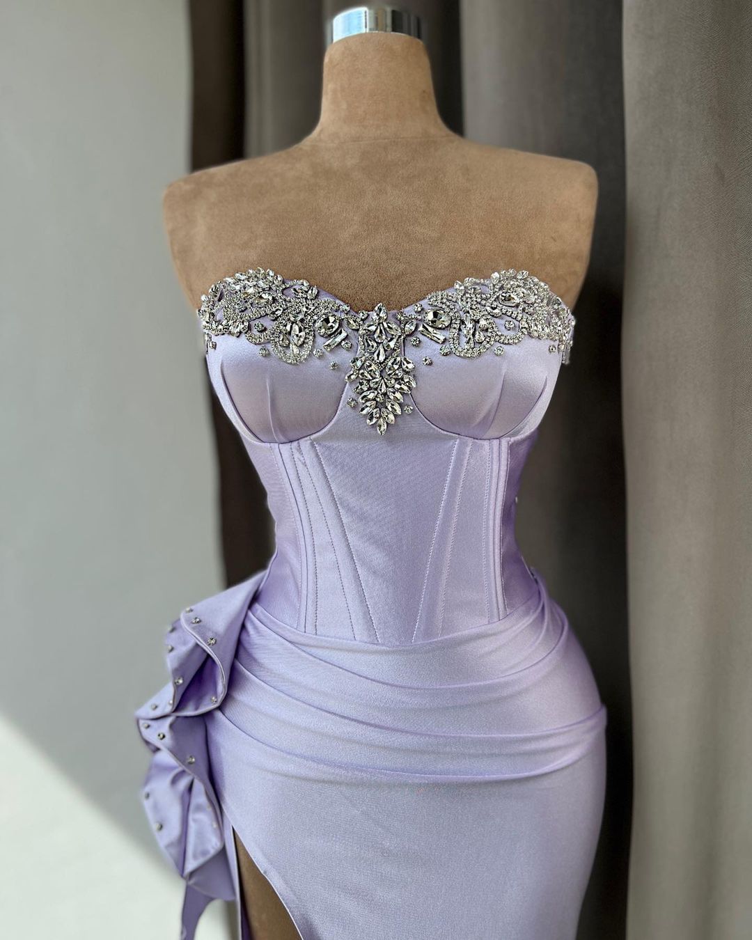 Sleeveless Light Purple Prom Dress With Rhinestone High Slit Gown