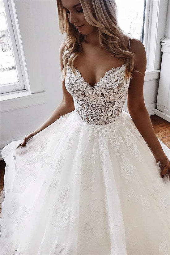 Glamorous Long A-Line Spaghetti-Straps Lace Appliques Wedding Dresses-BIZTUNNEL