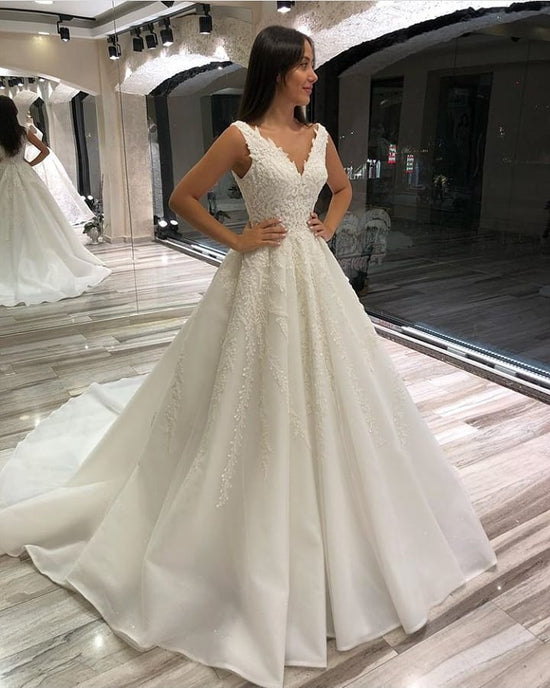 Glamorous Long A-line V-neck Sleeveless Lace Wedding Dress-BIZTUNNEL