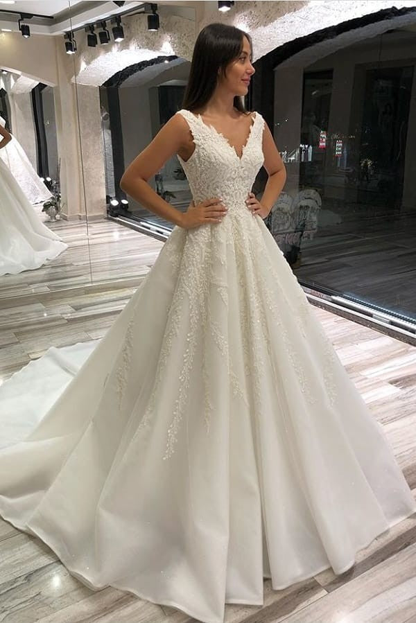 Glamorous Long A-line V-neck Sleeveless Lace Wedding Dress-BIZTUNNEL