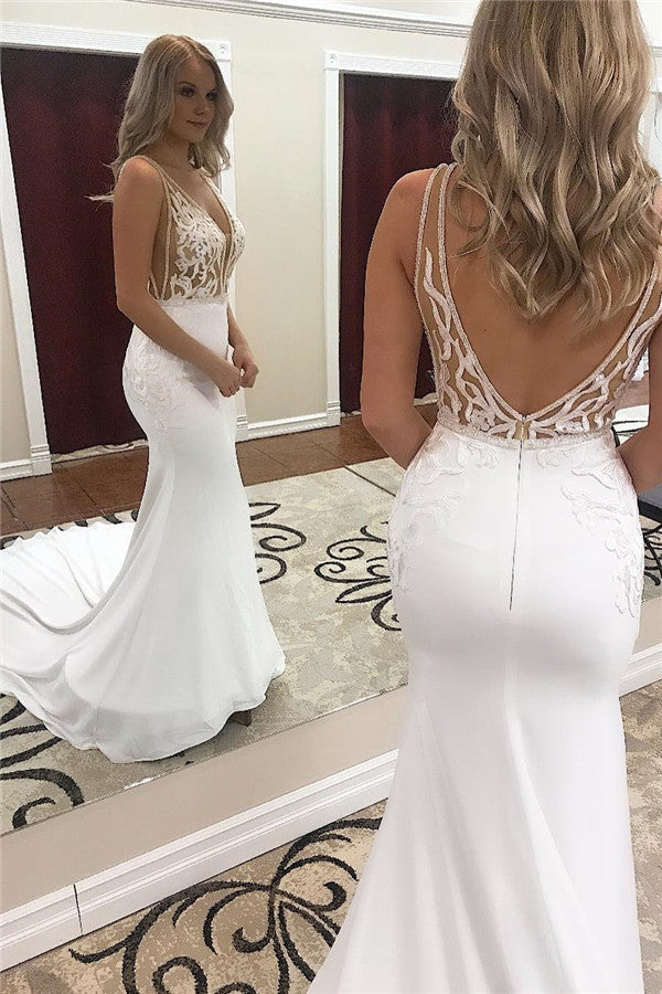Mermaid Sexy V-Neck Straps Sleeveless Backless Illusion Lace Elegant Petals  Country Long Trailing Wedding Dress - June Bridals