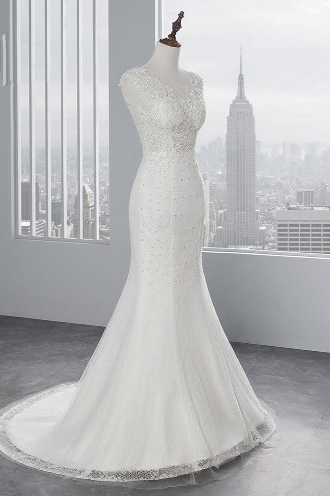 Glamorous Long Mermaid Tulle Appliques Lace Wedding Dress-BIZTUNNEL