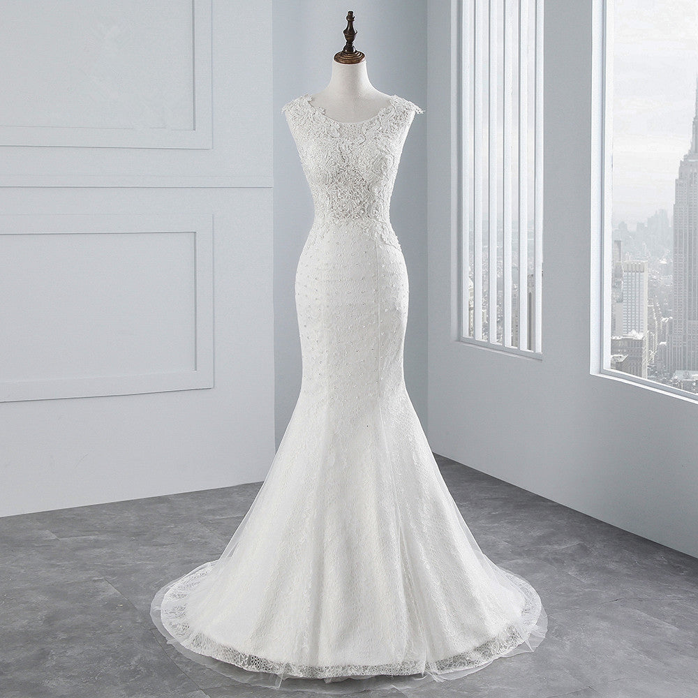 Glamorous Long Mermaid Tulle Appliques Lace Wedding Dress-BIZTUNNEL