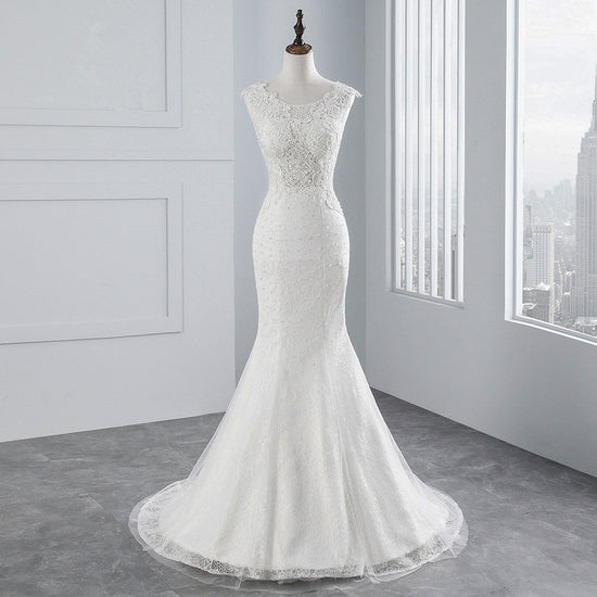 Glamorous Long Mermaid Tulle Appliques Lace Wedding Dress-BIZTUNNEL