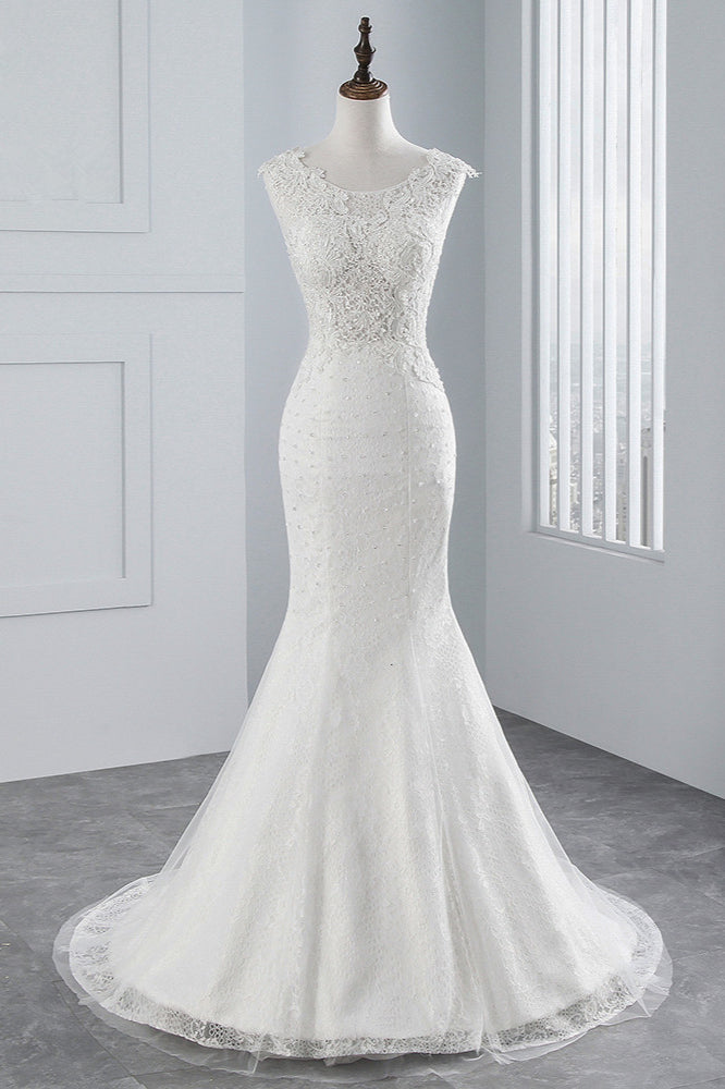 Glamorous Long Mermaid Tulle Appliques Lace Wedding Dress-BIZTUNNEL