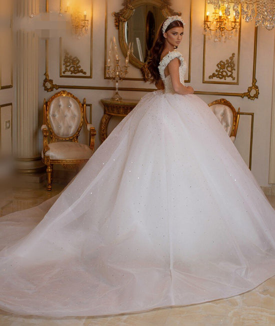 Glamorous Long Princess Off the Shoulder Beading Pearl Tulle Wedding Dress-BIZTUNNEL