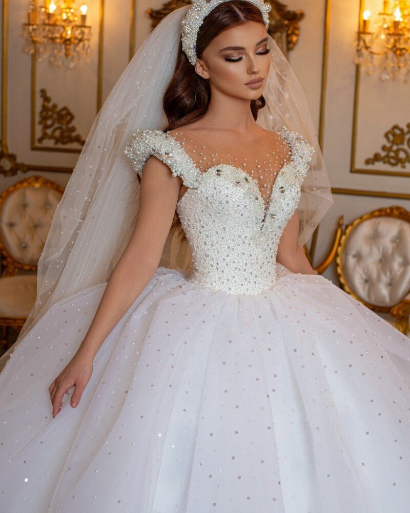 Glamorous Long Princess Off the Shoulder Beading Pearl Tulle Wedding Dress-BIZTUNNEL