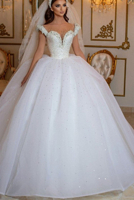 Glamorous Long Princess Off the Shoulder Beading Pearl Tulle Wedding Dress-BIZTUNNEL